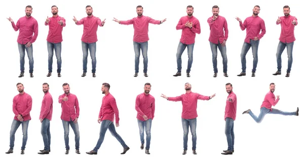 Kollázs képek egy érzelmes férfi piros ingben — Stock Fotó