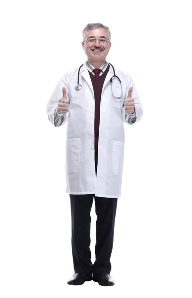 Smiling man doctor showing thumbs up. isolated on a white — Stock Photo, Image