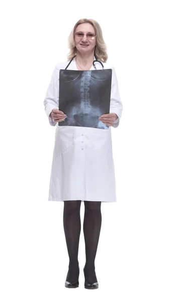 X-ray in the hands of a female therapist . isolated on a white — Stock Photo, Image