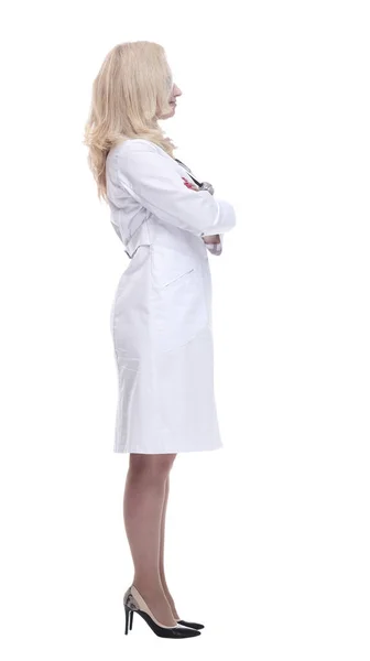 Žena lékař čtení reklamy na bílé obrazovce — Stock fotografie