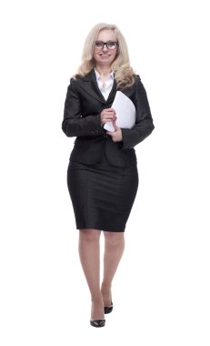 Dosyası olan kendine güvenen bir iş kadını. bir beyaz üzerinde izole