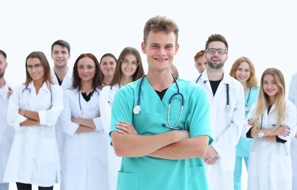 Вид сверху. группа улыбающихся врачей, указывающих на вас. — стоковое фото
