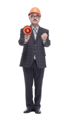 Seni işaret eden bir megafonla gülümseyen bir mimar. bir beyaz üzerinde izole