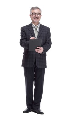 Tam gelişim. İş adamı panoya kayıt yapıyor..