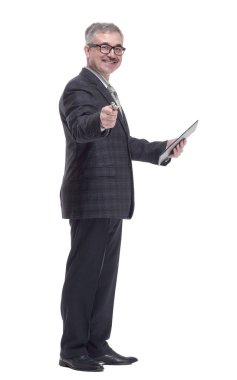 Elinde pano olan bir iş adamı seni işaret ediyor. bir beyaz üzerinde izole