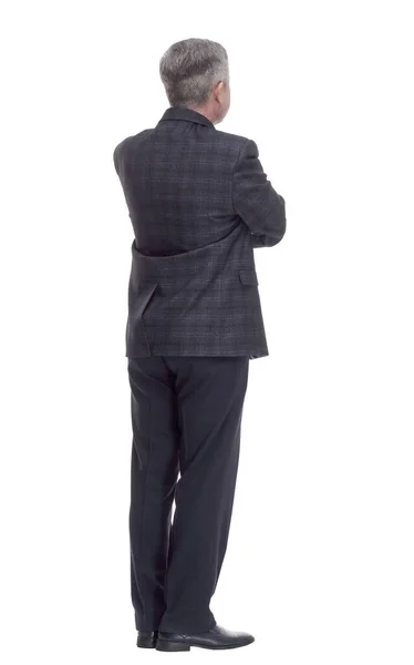 Vista posteriore. adulto casuale maschio lettura di un annuncio su uno schermo bianco — Foto Stock