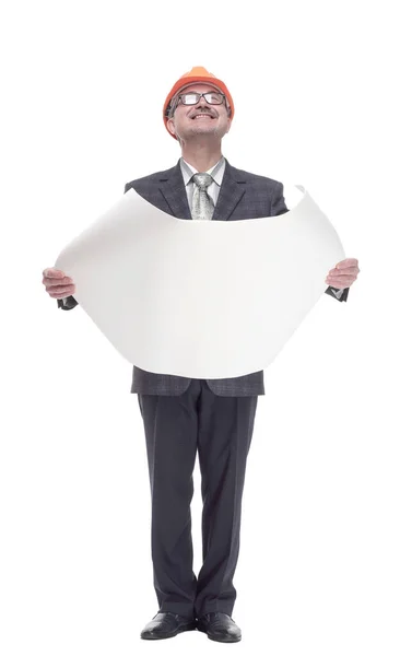 Smiling architect with a new drawing. isolated on a white — Stock Photo, Image