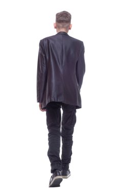 Dikiz aynası. Kendine güvenen adam uzaklaşıyor. bir beyaz üzerinde izole