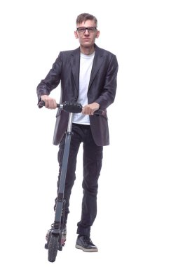 Tam gelişim. Eleman elektrikli scooterı olan bir öğrenci..