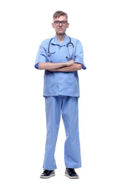 Tam gelişim. Steteskopu olan ciddi bir sağlık görevlisi..