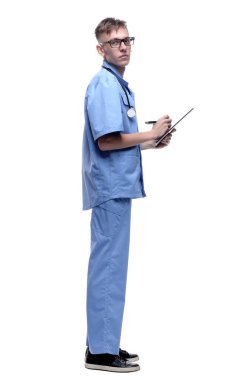 Yan görünüş. Ciddi bir doktor not alıyor. .