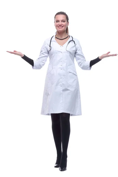 In full growth. friendly woman doctor looking at you. — Stock Photo, Image