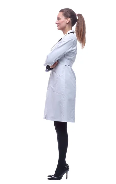 Vista lateral. mujer joven médico mirando una pantalla blanca. —  Fotos de Stock
