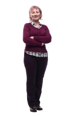 Rahat giyimli yaşlı bir kadın. bir beyaz üzerinde izole