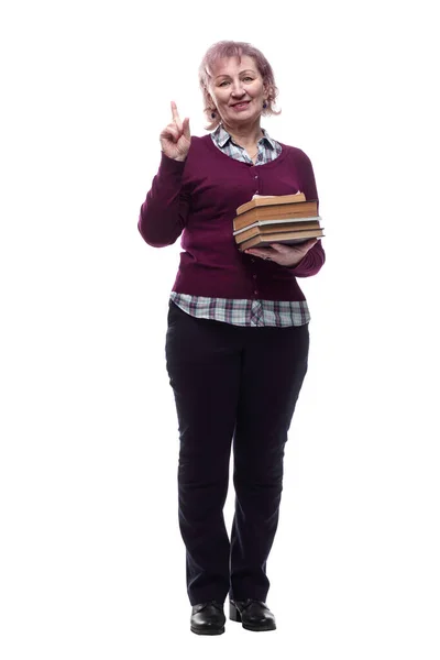 Femme avec une pile de livres attirant votre attention — Photo