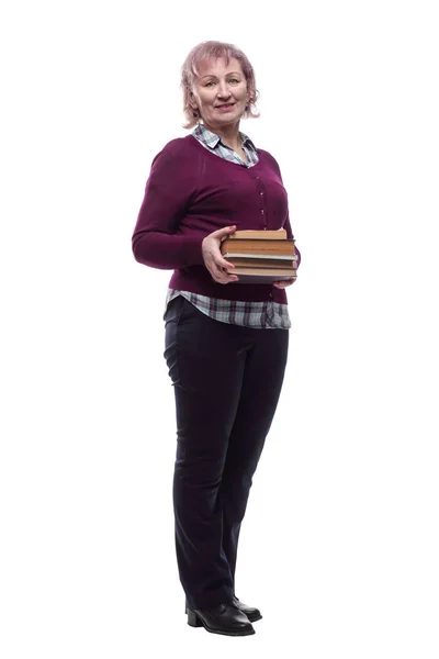 Femme adulte compétente avec une pile de livres. isolé sur un blanc — Photo