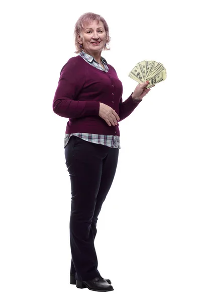 Mujer adulta con billetes de dinero mostrando un pulgar hacia arriba — Foto de Stock