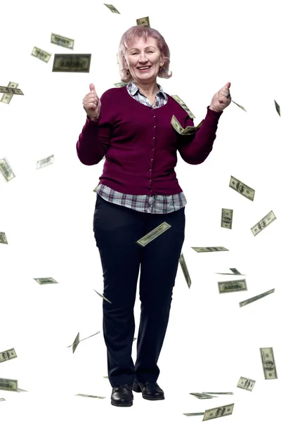 Adult woman looking at banknotes in her hands. isolated on a white — Stock Photo, Image