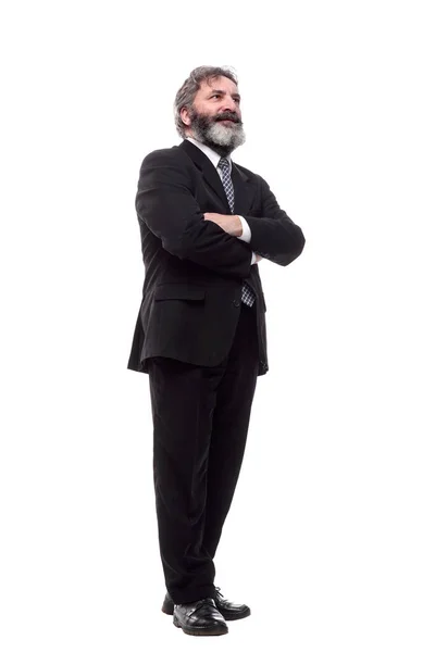 Hombre en un traje de negocios mirando una pantalla blanca en blanco — Foto de Stock