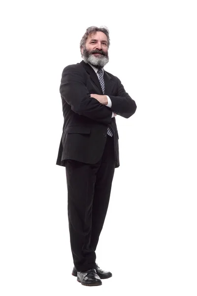 Homem em um terno de negócios olhando para uma tela branca em branco — Fotografia de Stock