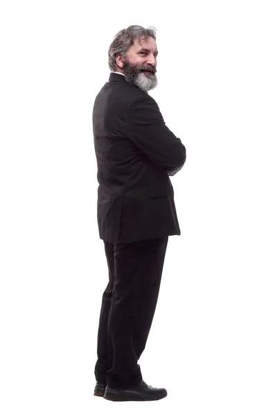 Γενειοφόρος επιχειρηματίας διαβάζει μια διαφήμιση σε λευκή οθόνη. απομονωμένο σε λευκό — Φωτογραφία Αρχείου