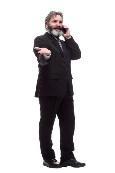 Hombre de negocios barbudo feliz con un teléfono inteligente. aislado en un blanco — Foto de Stock