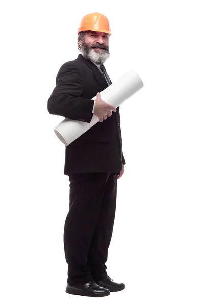 Smiling bearded architect looking at you. isolated on a white — Stock Photo, Image