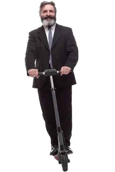 Businessman with electric scooter showing OK gesture. isolated on white — 图库照片