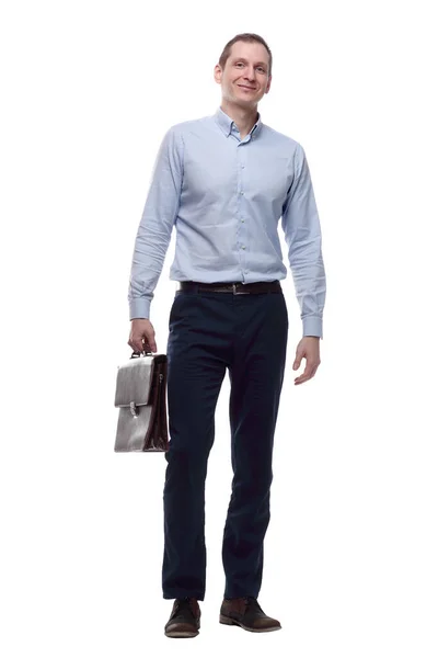 Confident young man with a leather briefcase. isolated on a white — 图库照片