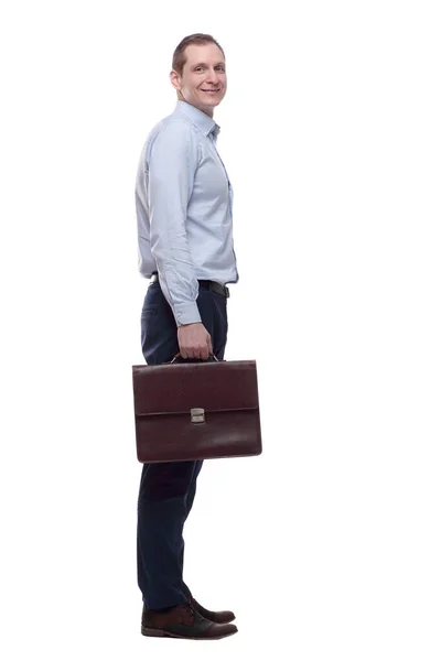 Young man with a leather briefcase looking at you — 图库照片