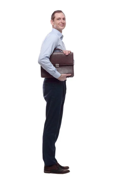 Young man with a leather briefcase looking at you — 图库照片