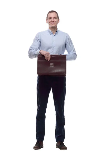 In full growth. responsible man with a leather briefcase — Stock Photo, Image