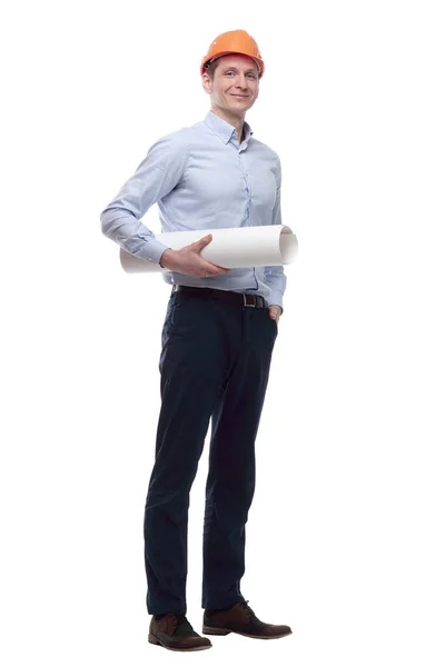 In full growth. smiling architect with a roll of drawings — Stock Photo, Image