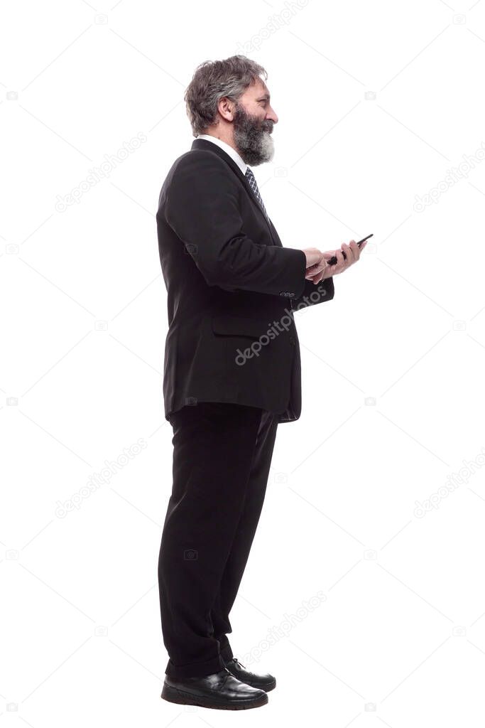 bearded business man reading his mail. isolated on a white