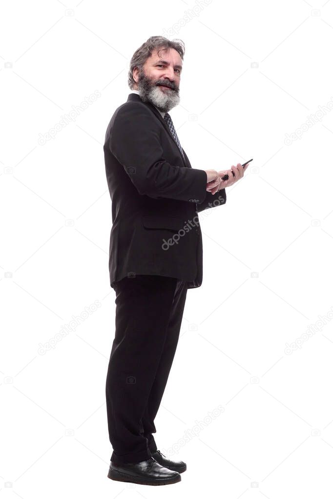 bearded business man reading his mail. isolated on a white