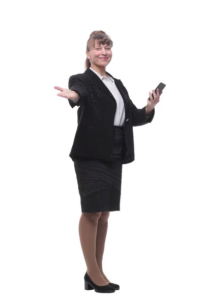 Ділова жінка смс на мобільному телефоні ізольована на білому тлі — стокове фото