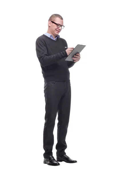 Man writing on clipboard isolated on white background — Stock Photo, Image