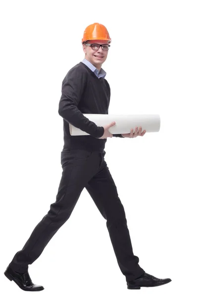 Side view of an male architect carrying blueprints, isolated on white background — Stock Photo, Image