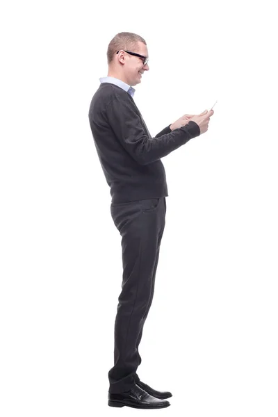 Side view of smiling business man using his tablet computer — Stock Photo, Image