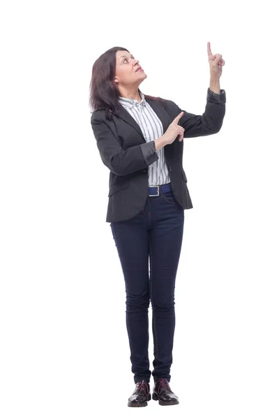 Schöne Frau zeigt auf die rechte Seite — Stockfoto