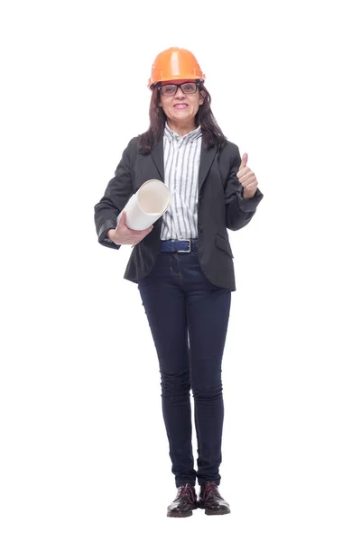 Retrato de una hermosa arquitecta haciendo gestos con los pulgares hacia arriba — Foto de Stock