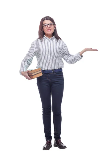 Hübsche Frau mit Brille und vielen Büchern — Stockfoto