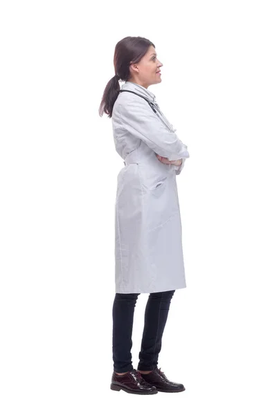 Female doctor full body side view on white background — Stock Photo, Image