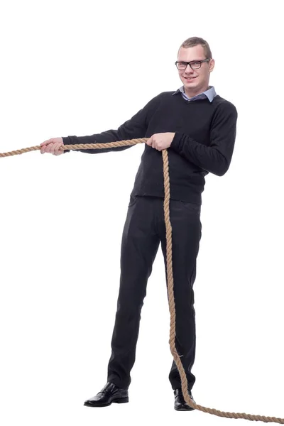 Empresário puxando uma corda isolada no fundo branco — Fotografia de Stock