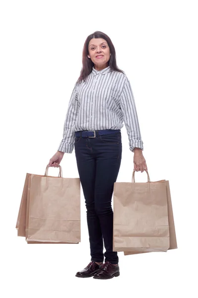 Compras dama con hermosa sonrisa sosteniendo bolsas de compras —  Fotos de Stock