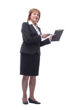 Pano ve parmak uçlarıyla iş kadınının ön görüntüsü