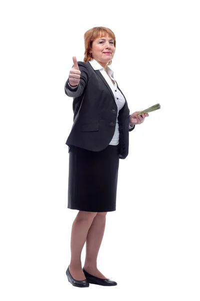 Lycklig affärskvinna i svart kostym håller pengar — Stockfoto