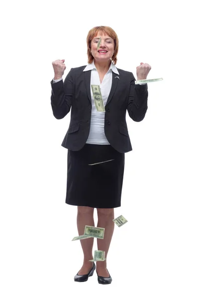 Empresária feliz olhar para a frente sob uma chuva de dinheiro - isolado sobre um fundo branco — Fotografia de Stock