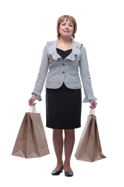 Biała seniorka trzymająca torby z prezentami — Zdjęcie stockowe