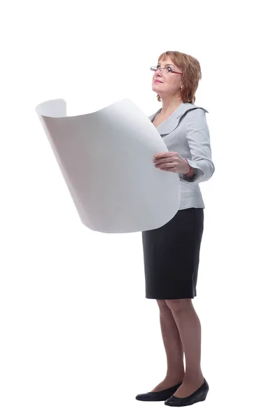 Side view of businesswoman holding a rolled-up drawings — Stock Photo, Image